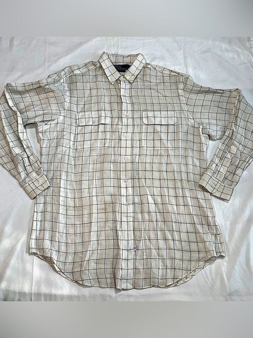 Polo Ralph Lauren Men’s XL 100% Linen Cream Plaid Button Down Shirt  B73